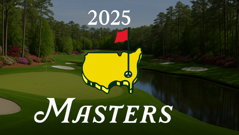 The Masters 2025 logo placed over a backdrop of a golf course, presumably Augusta.